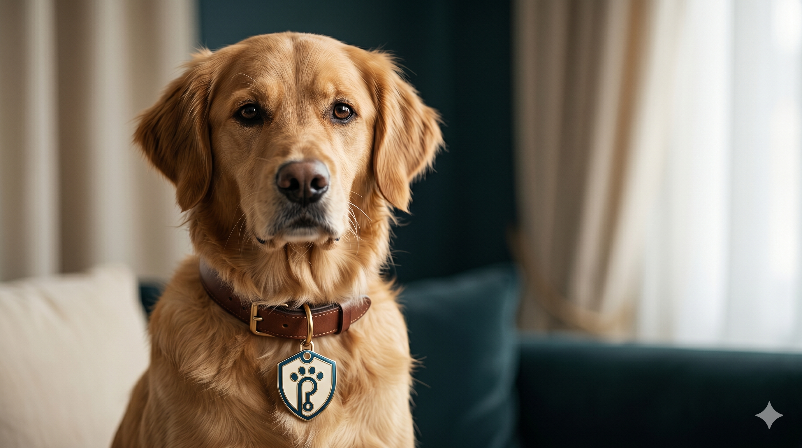 Golden retriever con placa premium visible